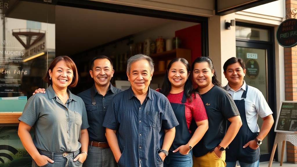Filipino-American business owners in front of their storefront